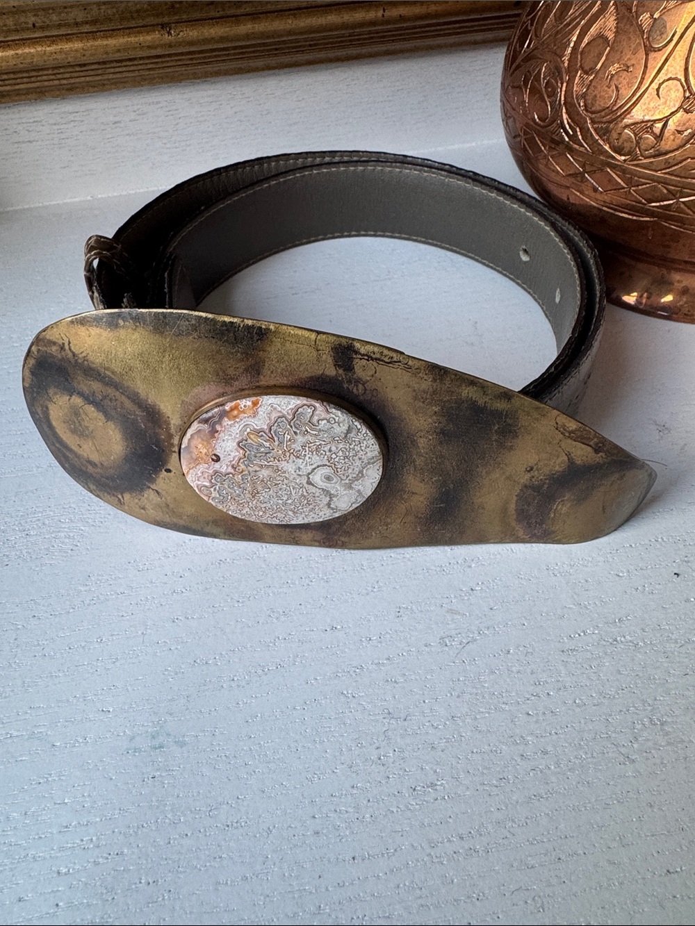 FIBBIA vintage Italian snakeskin and brass buckle Artisan BOHO chic belt